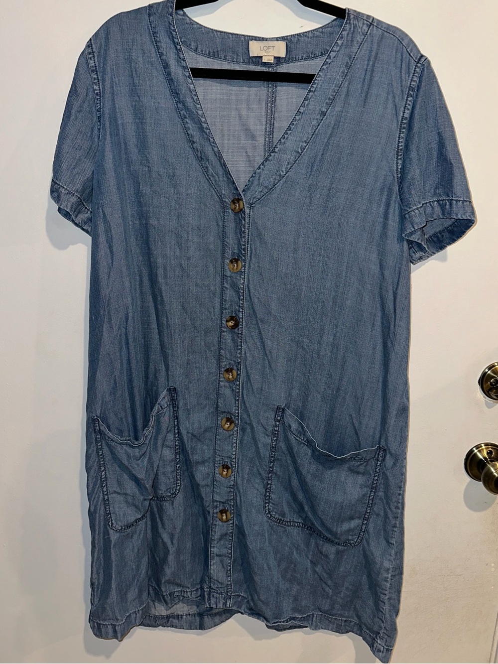 Vintage LOFT Denim Chambray Button Front Dress Pockets Short Sleeve L